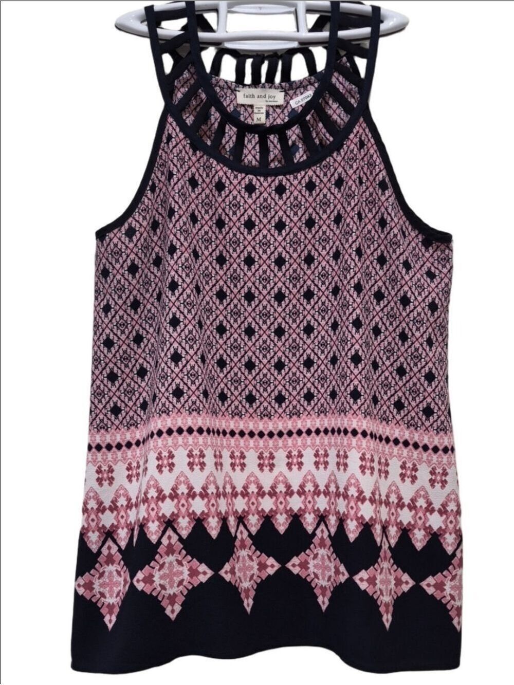 Faith & Joy Lattice Halter Neck Tank Top Geometric Boho Border Print Sz M